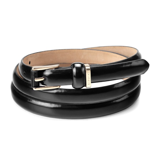 Ladies Skinny Westbourne Belt in Black Polish with Gold Buckle from Aspinal of London