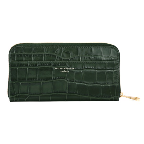 Continental Clutch Zip Wallet in Deep Shine Forest Green Croc from Aspinal of London