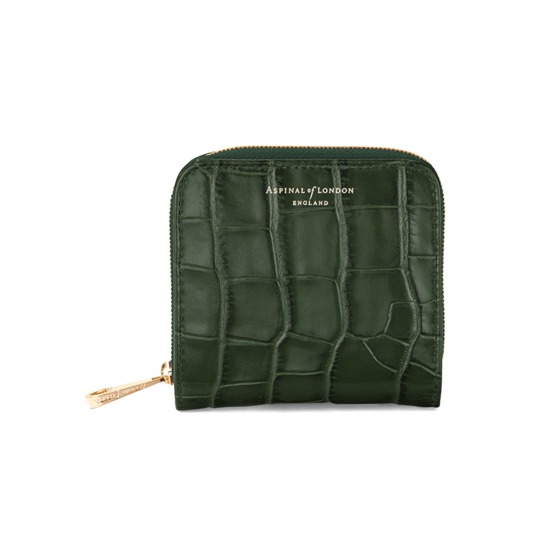 Mini Continental Zipped Coin Purse in Deep Shine Forest Green Croc from Aspinal of London