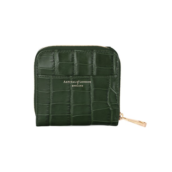 Mini Continental Zipped Coin Purse in Deep Shine Forest Green Croc from Aspinal of London