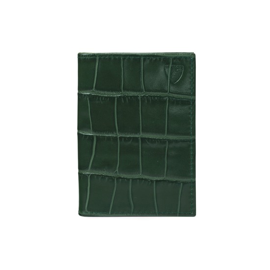 Double Fold Credit Card Case in Deep Shine Forest Green Croc from Aspinal of London