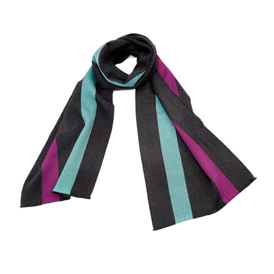 University Stripe Merino Wool Scarf in Charcoal, Steel Blue & Purple from Aspinal of London