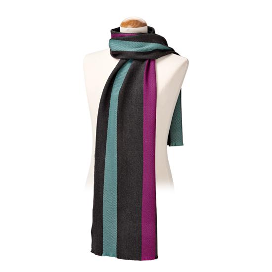 University Stripe Merino Wool Scarf in Charcoal, Steel Blue & Purple from Aspinal of London