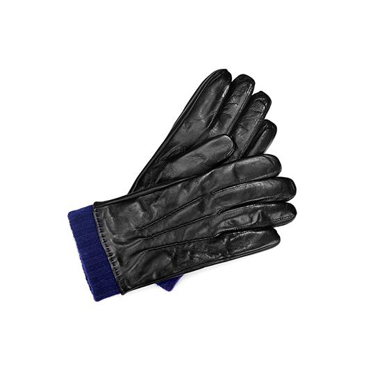 Mens Leather Gloves with Knitted Cuff in Black Nappa & Navy Knit from Aspinal of London