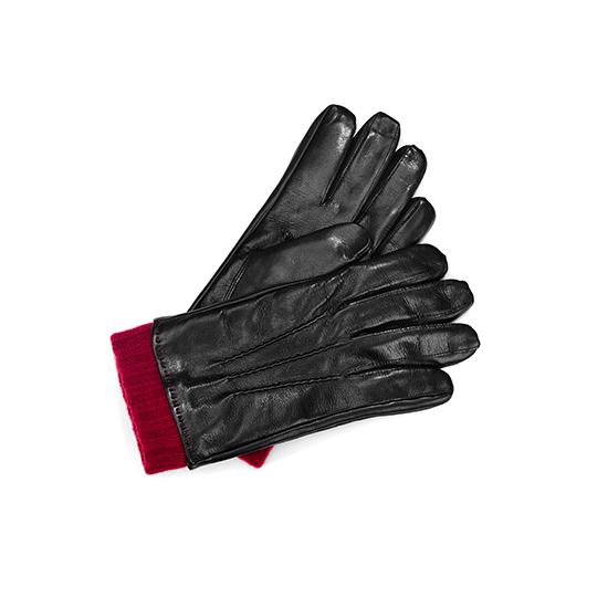 Mens Leather Gloves with Knitted Cuff in Black Nappa & Bordeaux Knit from Aspinal of London