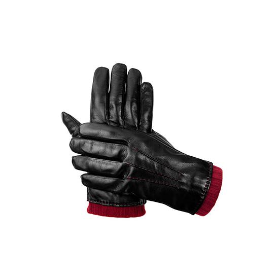 Mens Leather Gloves with Knitted Cuff in Black Nappa & Bordeaux Knit from Aspinal of London