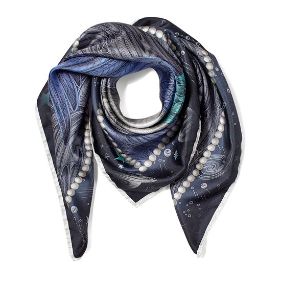 Pegasus Feather Silk Twill Scarf in Midnight Blue (27.5