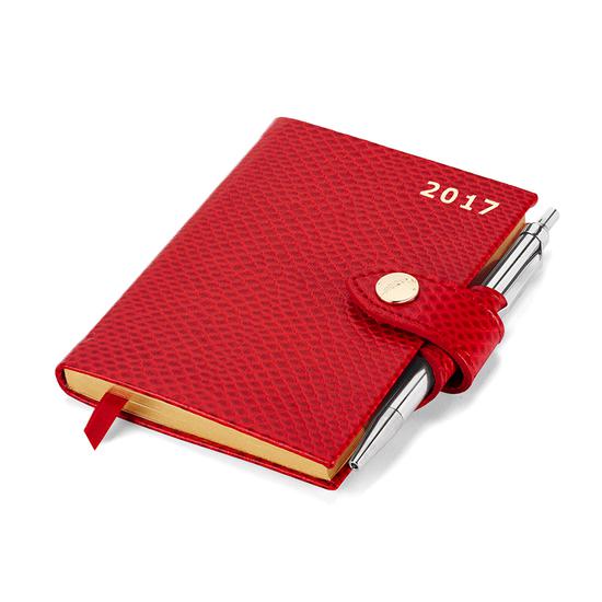 Mini Pocket Week to View Leather Diary with Pen in Berry Lizard from Aspinal of London