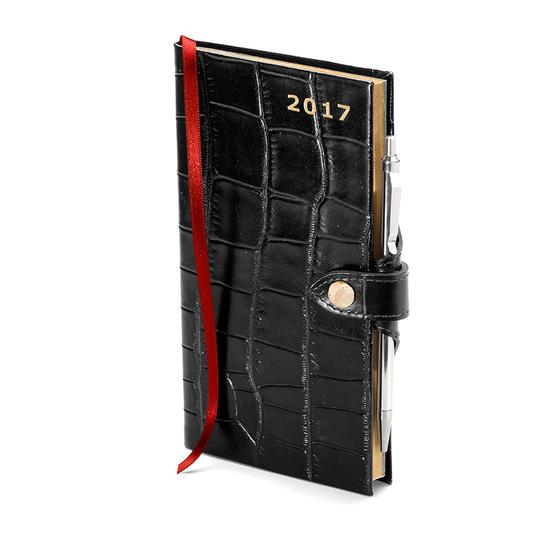 Slim Pocket Week to View Leather Diary with Pen in Deep Shine Black Croc from Aspinal of London
