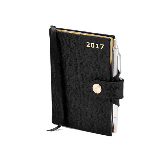 Mini Pocket Week to View Leather Diary with Pen in Black Saffiano from Aspinal of London