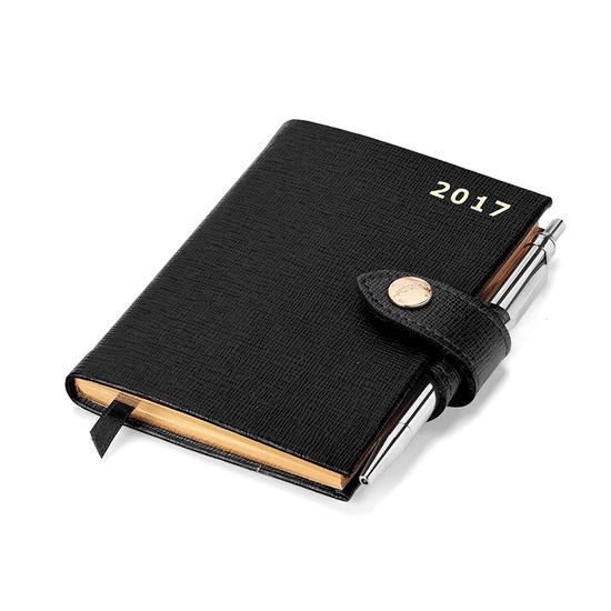 Mini Pocket Week to View Leather Diary with Pen in Black Saffiano from Aspinal of London