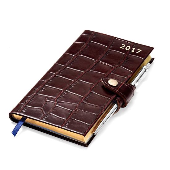 Slim Pocket Week to View Leather Diary with Pen in Deep Shine Amazon Brown Croc from Aspinal of London
