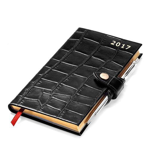 Slim Pocket Week to View Leather Diary with Pen in Deep Shine Black Croc from Aspinal of London