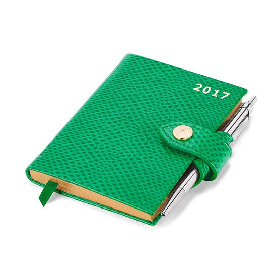 Mini Pocket Week to View Leather Diary with Pen in Grass Green Lizard from Aspinal of London