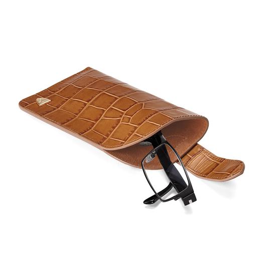 Slimline Glasses Case in Deep Shine Vintage Tan Croc & Cappuccino Suede from Aspinal of London