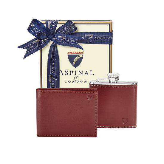 Men's Gift Set (Billfold Coin Wallet & Hip Flask in Cognac) from Aspinal of London