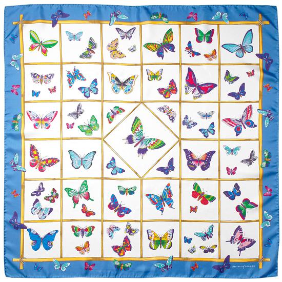Multi Coloured Butterflies Silk Scarf in Forget Me Not from Aspinal of London