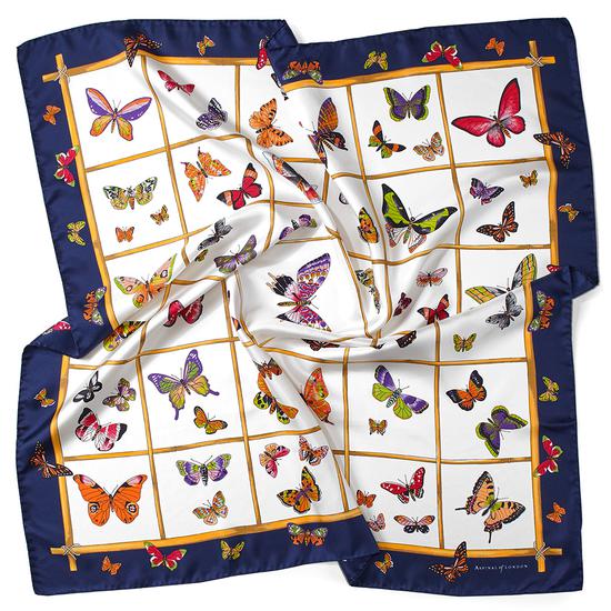 Multi Coloured Butterflies Silk Scarf in Midnight Blue from Aspinal of London