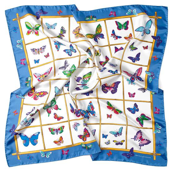 Multi Coloured Butterflies Silk Scarf in Forget Me Not from Aspinal of London