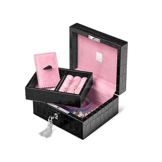 Bijou Jewellery Box in Deep Shine Black Croc & Pink Suede from Aspinal of London
