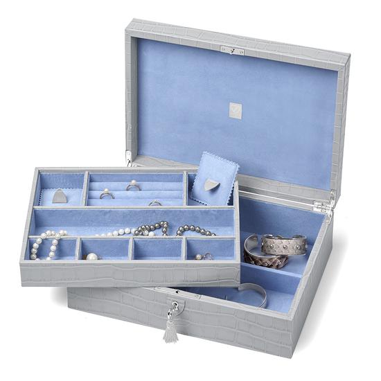 Grand Luxe Jewellery Case in Dove Grey Croc & Pale Blue Suede from Aspinal of London
