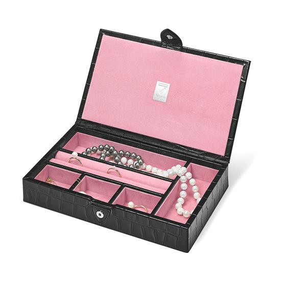 Paris Jewellery Box in Deep Shine Black Croc & Pink Suede from Aspinal of London
