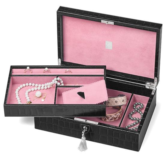 Savoy Jewellery Box in Deep Shine Black Croc & Pink Suede from Aspinal of London