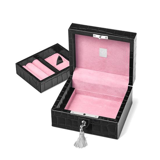 Bijou Jewellery Box in Deep Shine Black Croc & Pink Suede from Aspinal of London