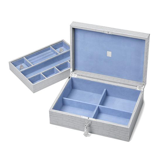 Grand Luxe Jewellery Case in Dove Grey Croc & Pale Blue Suede from Aspinal of London