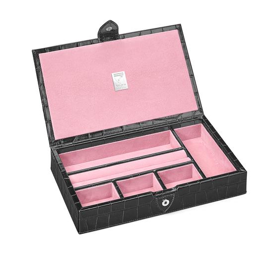 Paris Jewellery Box in Deep Shine Black Croc & Pink Suede from Aspinal of London