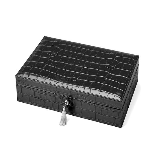Savoy Jewellery Box in Deep Shine Black Croc & Pink Suede from Aspinal of London