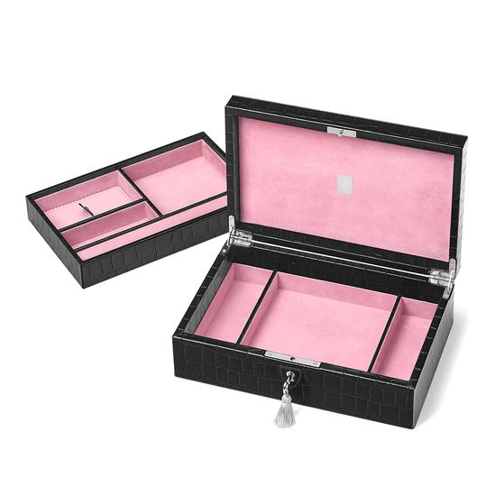 Savoy Jewellery Box in Deep Shine Black Croc & Pink Suede from Aspinal of London