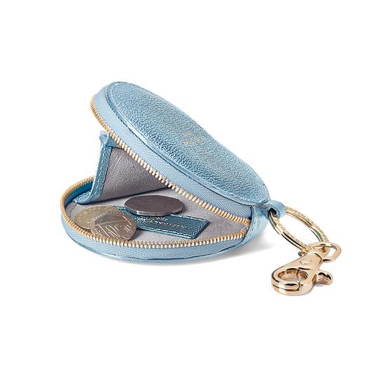 Round Coin Purse with Keyring in Metallic Misty Blue from Aspinal of London