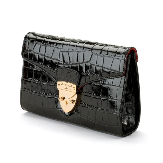 Manhattan Clutch with Chain in Deep Shine Black Croc from Aspinal of London