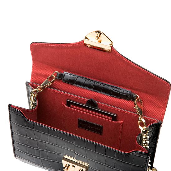 Manhattan Clutch with Chain in Deep Shine Black Croc from Aspinal of London