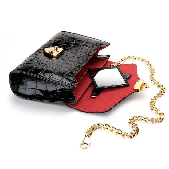 Manhattan Clutch with Chain in Deep Shine Black Croc from Aspinal of London