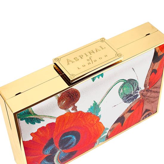 Scarlett Box Clutch in Alabaster Poppy Botanical Silk from Aspinal of London