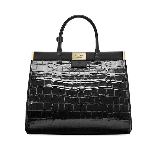 Large Florence Snap Bag in Deep Shine Black Croc & Smooth Black from Aspinal of London