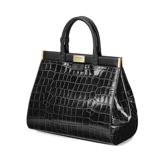 Large Florence Snap Bag in Deep Shine Black Croc & Smooth Black from Aspinal of London