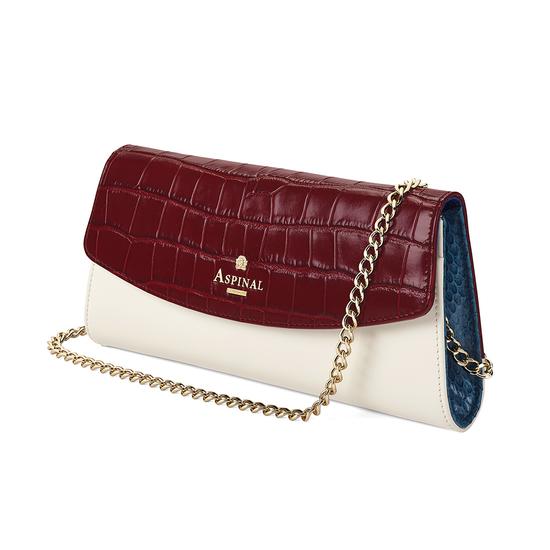 Eaton Clutch in Deep Shine Bordeaux Croc, Smooth Ivory & Peacock Snake from Aspinal of London