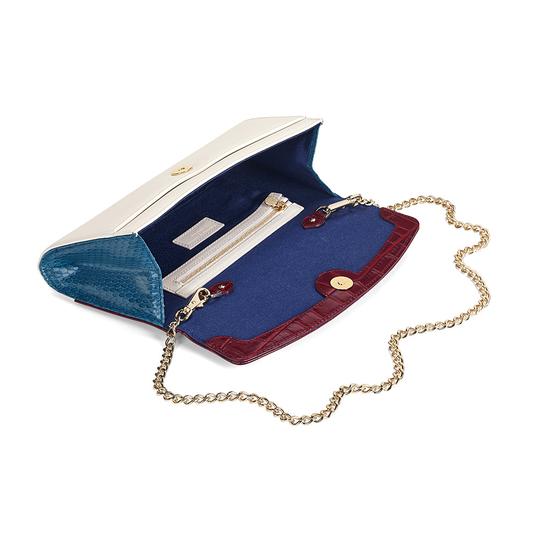 Eaton Clutch in Deep Shine Bordeaux Croc, Smooth Ivory & Peacock Snake from Aspinal of London