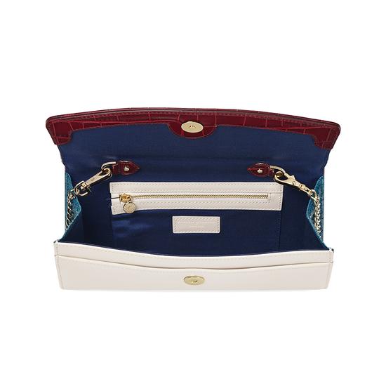 Eaton Clutch in Deep Shine Bordeaux Croc, Smooth Ivory & Peacock Snake from Aspinal of London
