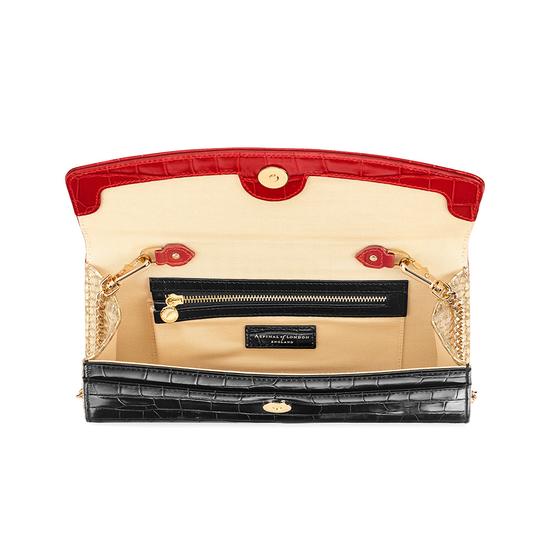 Eaton Clutch in Deep Shine Black Croc, Red Croc & Gold Metallic from Aspinal of London