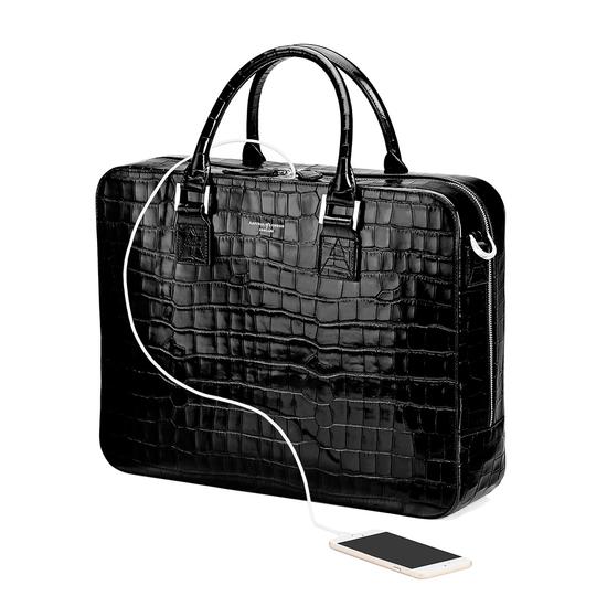 Large Mount Street Bag in Deep Shine Black Croc from Aspinal of London