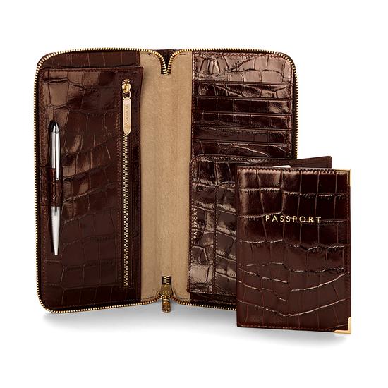 Zipped Travel Wallet with Passport Cover in Deep Shine Amazon Brown Croc & Stone Suede from Aspinal of London