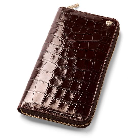 Zipped Travel Wallet with Passport Cover in Deep Shine Amazon Brown Croc & Stone Suede from Aspinal of London