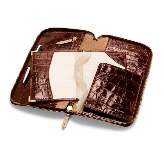 Zipped Travel Wallet with Passport Cover in Deep Shine Amazon Brown Croc & Stone Suede from Aspinal of London