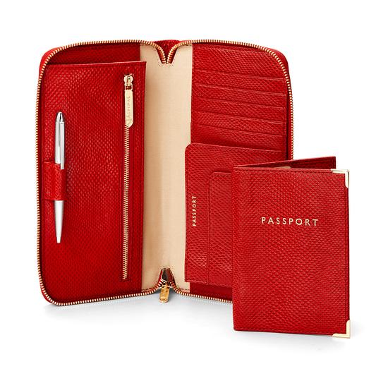 Zipped Travel Wallet with Passport Cover in Berry Lizard from Aspinal of London