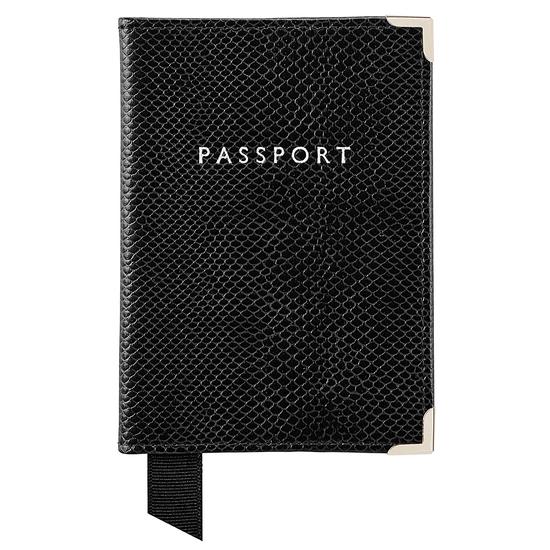 Passport Cover in Jet Black Lizard & Red Suede from Aspinal of London