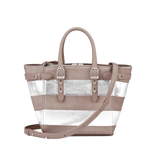 Mini Marylebone Tote in Soft Taupe & Silver Snake Stripe from Aspinal of London